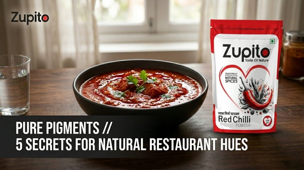Rich crimson curry cooked using premium red chilli powder for color to achieve natural restaurant hues