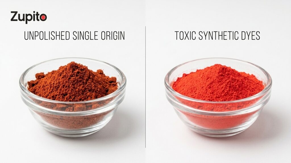 Testing pure unpolished single origin pepper against dyed mass market varieties to evaluate red chilli powder for color safety