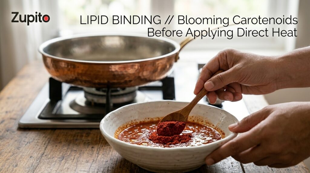 Chef blooming Zupito Mathania Lal Mirch in a ceramic bowl to learn how to make curry orange color naturally