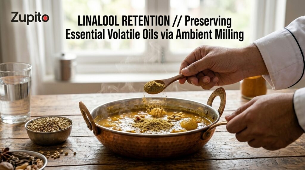 The Professional Aromatic Linalool Releasing Technique Chef adding Zupito Pure Dhaniya powder to a simmering pan to maximize cold ground spices benefits naturally