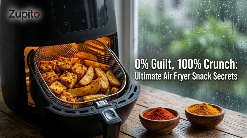 crispy air fryer vegetarian starter recipes with spiced tikkas inside basket on monsoon day