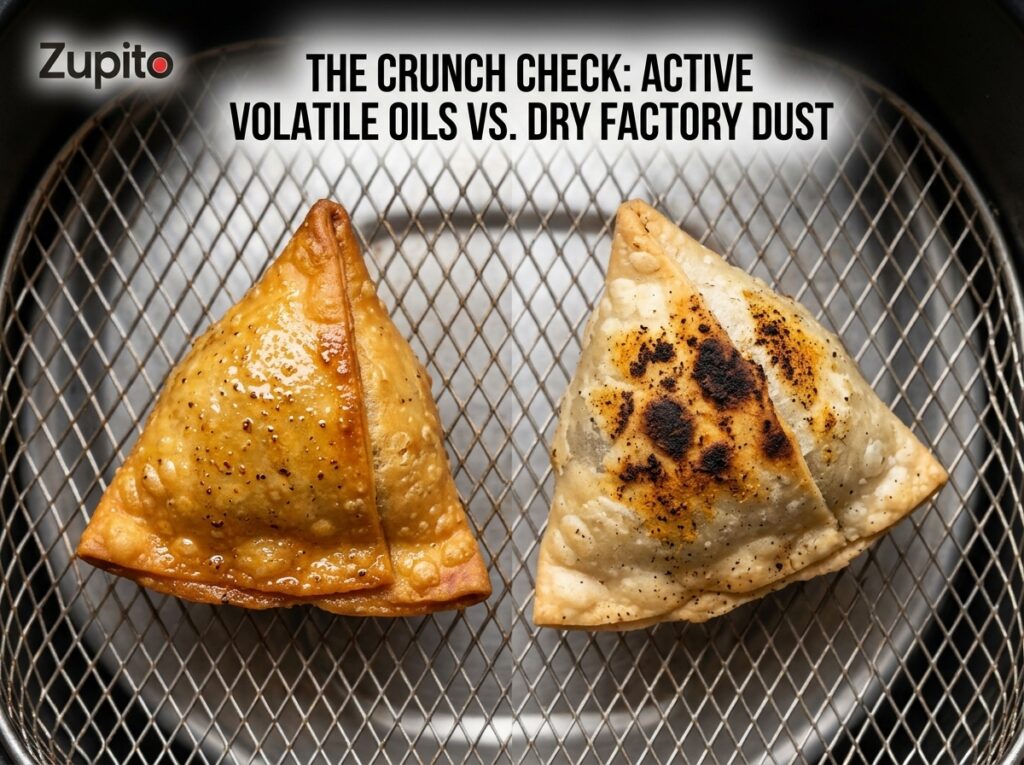 comparing oil rich cold ground spices versus dry factory dust on snack surfaces